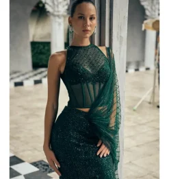 Bottle Green Fishcut Pre-Drape Sari Set