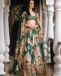 Bottle Green Floral Lehenga Set