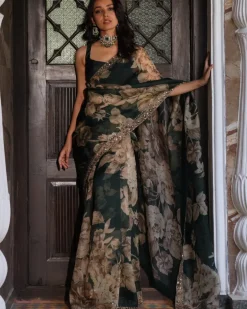 Bottle Green Floral Sari Set