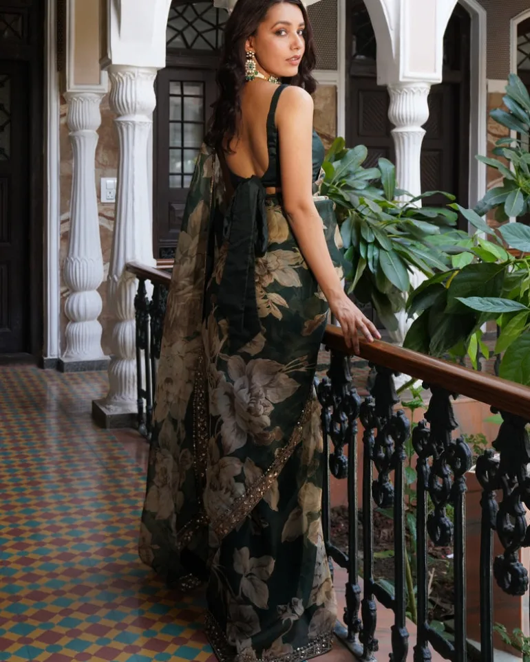 Bottle Green Floral Sari Set