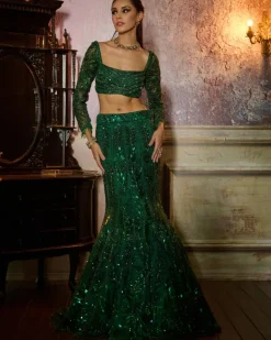 Bottle Green Fully Embroidered Blouse And Mermaid Skirt Set