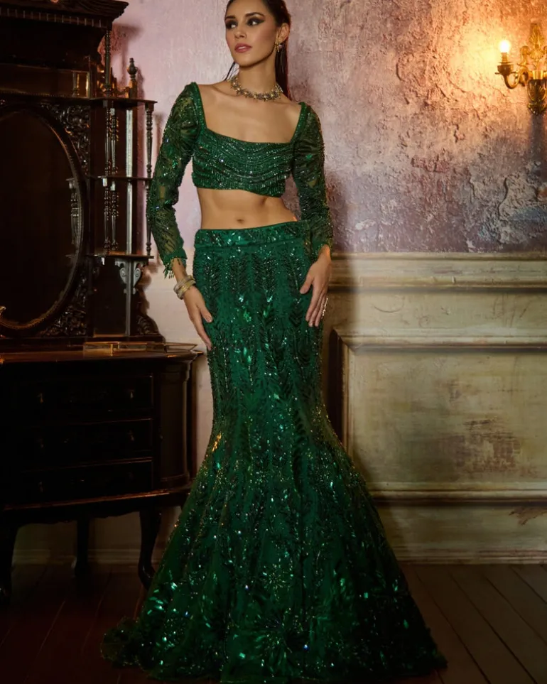 Bottle Green Fully Embroidered Blouse And Mermaid Skirt Set