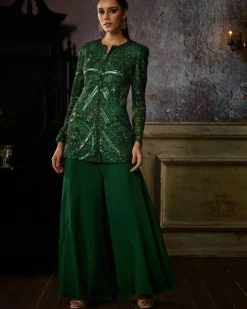 Bottle Green Fully Embroidered Jacket With Solid Pants