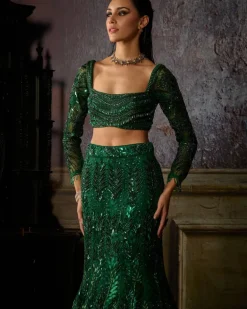 Bottle Green Fully Embroidered Blouse And Mermaid Skirt Set