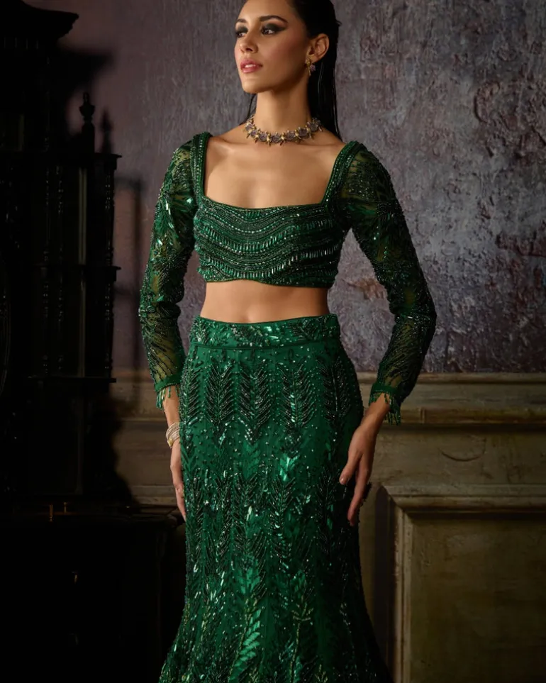 Bottle Green Fully Embroidered Blouse And Mermaid Skirt Set