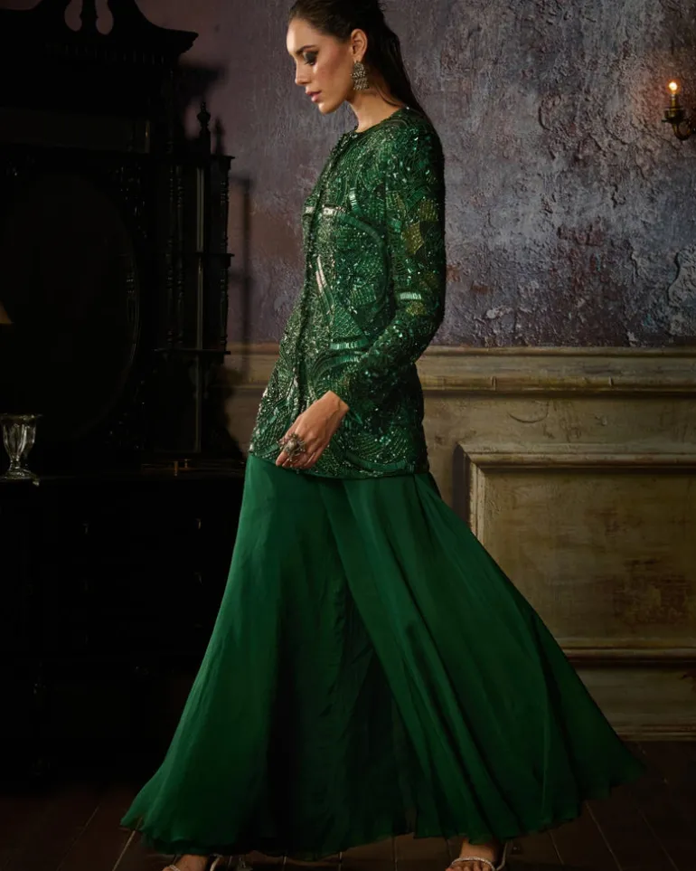 Bottle Green Fully Embroidered Jacket With Solid Pants