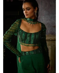 Bottle Green Fully Embroidered Blouse And Organza Sharara Set