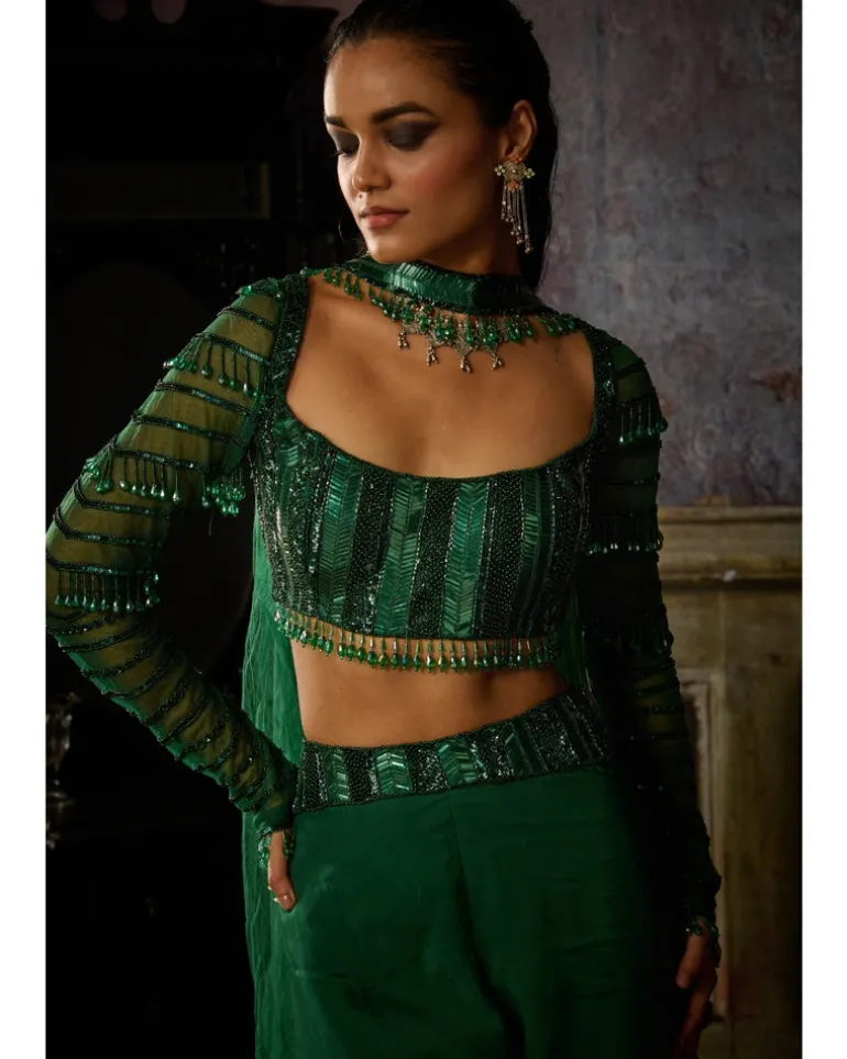 Bottle Green Fully Embroidered Blouse And Organza Sharara Set