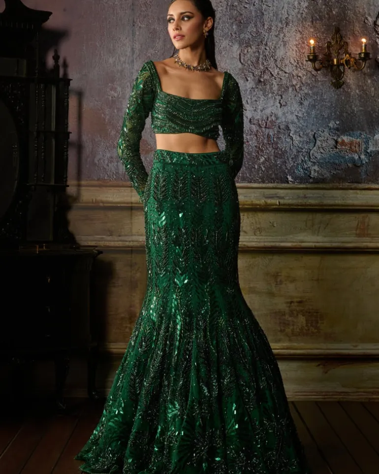 Bottle Green Fully Embroidered Blouse And Mermaid Skirt Set
