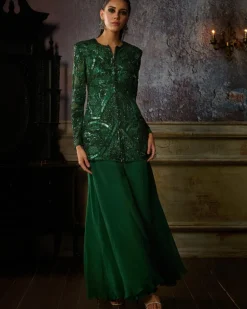 Bottle Green Fully Embroidered Jacket With Solid Pants