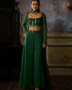 Bottle Green Fully Embroidered Blouse And Organza Sharara Set