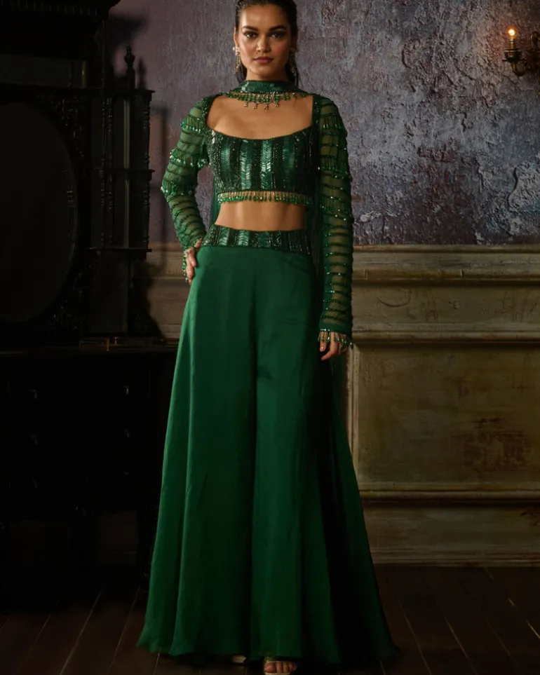 Bottle Green Fully Embroidered Blouse And Organza Sharara Set