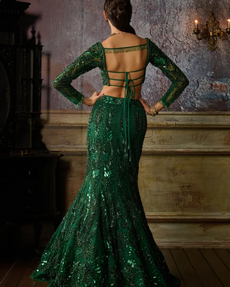 Bottle Green Fully Embroidered Blouse And Mermaid Skirt Set