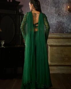 Bottle Green Fully Embroidered Blouse And Organza Sharara Set