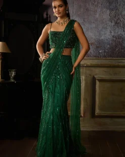 Bottle Green Mermaid Pre Draped Skirt Sari