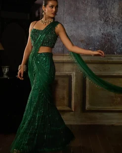 Bottle Green Mermaid Pre Draped Skirt Sari