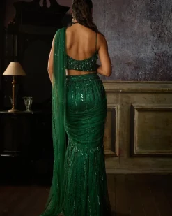 Bottle Green Mermaid Pre Draped Skirt Sari