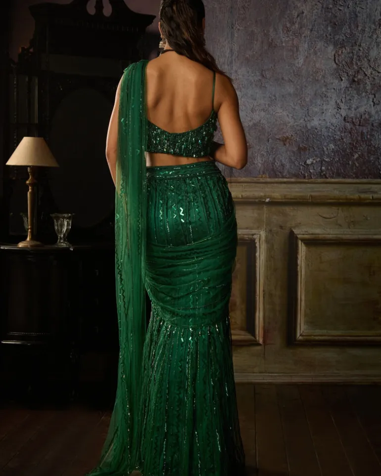 Bottle Green Mermaid Pre Draped Skirt Sari