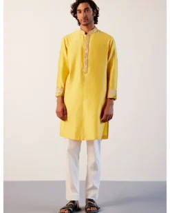 Bright Yellow Silk Chanderi Embroidered Kurta Set