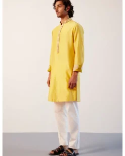 Bright Yellow Silk Chanderi Embroidered Kurta Set