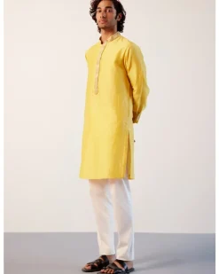 Bright Yellow Silk Chanderi Embroidered Kurta Set