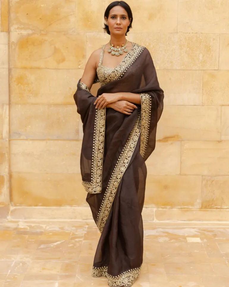 Brown Beige Gold Embroidered Organza Sari Set