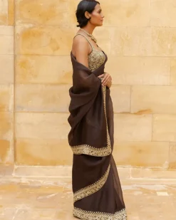 Brown Beige Gold Embroidered Organza Sari Set