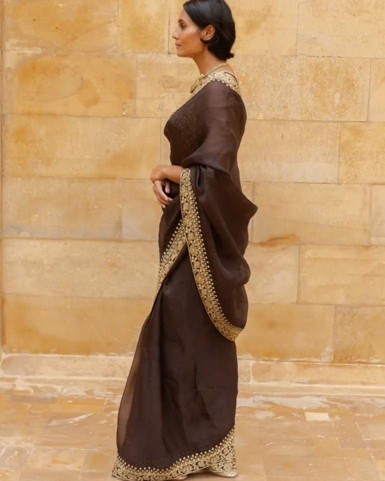 Brown Beige Gold Embroidered Organza Sari Set
