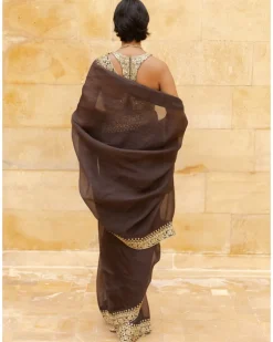 Brown Beige Gold Embroidered Organza Sari Set