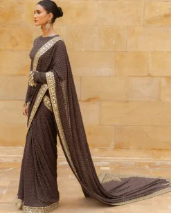 Brown Sequin Beige Gold Self Embroidered Sari Set