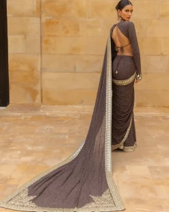 Brown Sequin Beige Gold Self Embroidered Sari Set