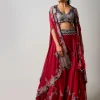 Burgundy Hand Embroidered Dupatta Cape & Lehenga Set