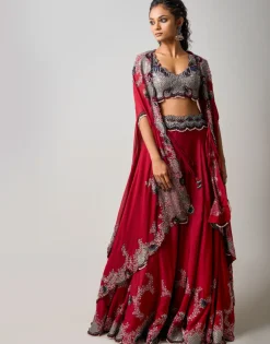Burgundy Hand Embroidered Dupatta Cape & Lehenga Set