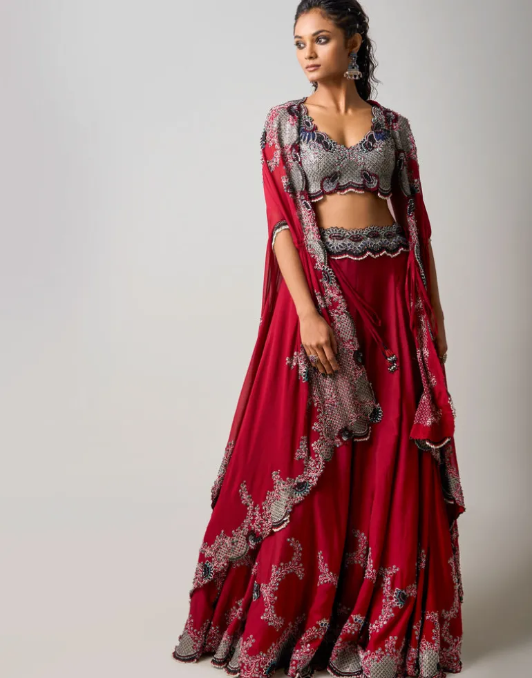 Burgundy Hand Embroidered Dupatta Cape & Lehenga Set