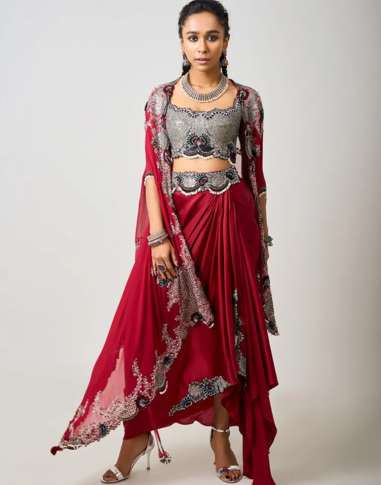 Burgundy Hand Embroidered Dupatta Cape & Cowl Skirt Set