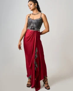 Burgundy Hand Embroidered Bustier Dress