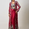 Burgundy Hand Embroidered Long Jacket With Pick Up Skirt Set