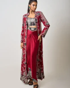 Burgundy Hand Embroidered Long Jacket With Pick Up Skirt Set