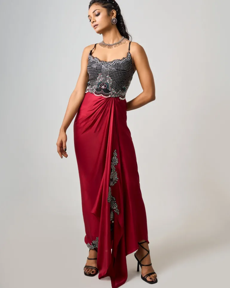Burgundy Hand Embroidered Bustier Dress