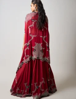 Burgundy Hand Embroidered Dupatta Cape & Lehenga Set
