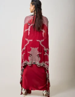 Burgundy Hand Embroidered Dupatta Cape & Cowl Skirt Set