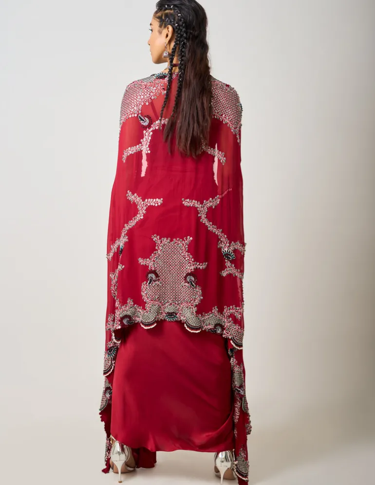 Burgundy Hand Embroidered Dupatta Cape & Cowl Skirt Set