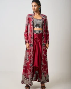 Burgundy Hand Embroidered Long Jacket With Pick Up Skirt Set