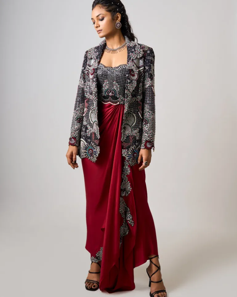 Burgundy Hand Embroidered Bustier Dress