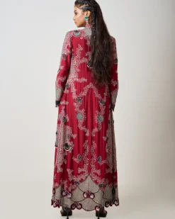 Burgundy Hand Embroidered Long Jacket With Pick Up Skirt Set