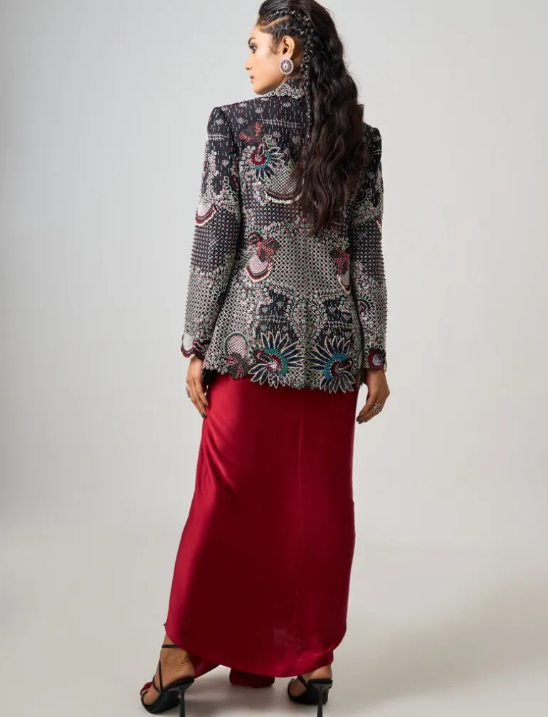 Burgundy Hand Embroidered Bustier Dress