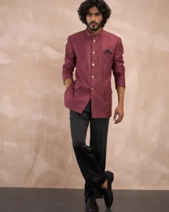 Burgundy Inara Motif Bandhgala Set