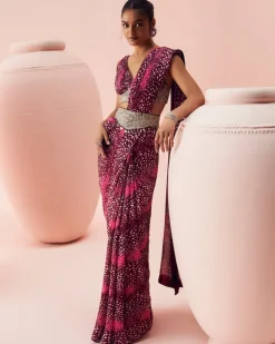 Burgundy Rosette Belted Sari Set