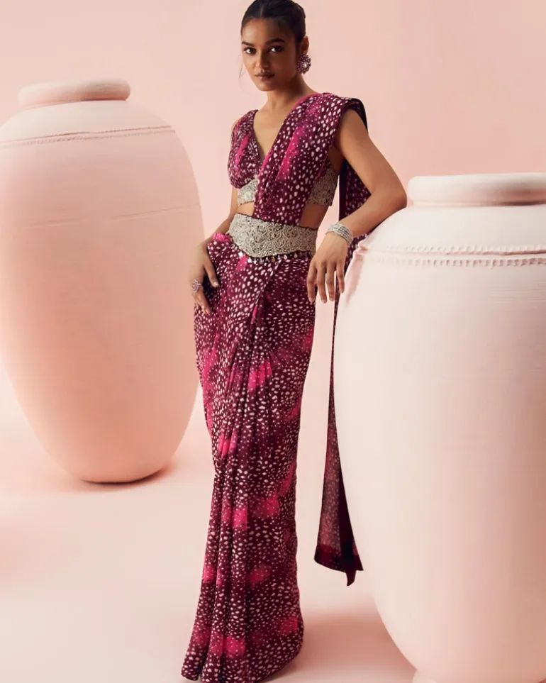 Burgundy Rosette Belted Sari Set