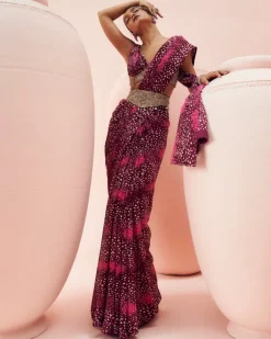 Burgundy Rosette Belted Sari Set
